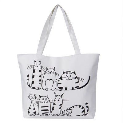 Women Canvas Handbag cartoon Cat Printed Shoulder bag Female Large Capacity Ladies Beach Bag Women Canvas Tote Shopping Handbags