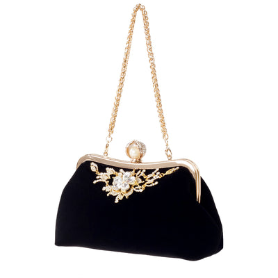 Female Velvet Diamond Pearl Handbag Vintage Velour Crystal Flower Design Evening Bag Wedding Party Bride Clutch Velour Bag Purse