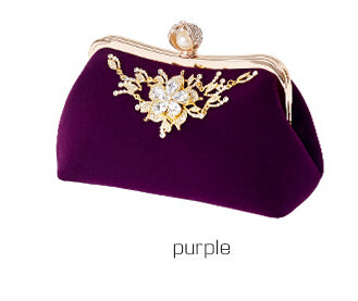 Female Velvet Diamond Pearl Handbag Vintage Velour Crystal Flower Design Evening Bag Wedding Party Bride Clutch Velour Bag Purse