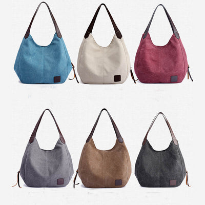 Women's Canvas Handbags High Quality Female Hobos Single Shoulder Bags Vintage Solid Multi-pocket Ladies Totes Bolsas