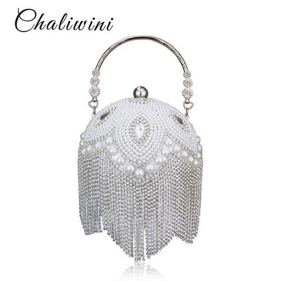 Tassel Fashion Women Pearl Beaded Crystal Party Evening Bag Bridal Wedding Round Ball Wrist Bag Round Clutch Purse Handbag