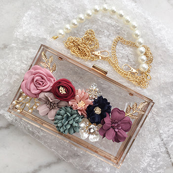 Women Luxury Evening Bags Wedding Party Pearl Flower Bride Handbag Crossbody Clear Hard Box Clutch Transparent Chain Bag