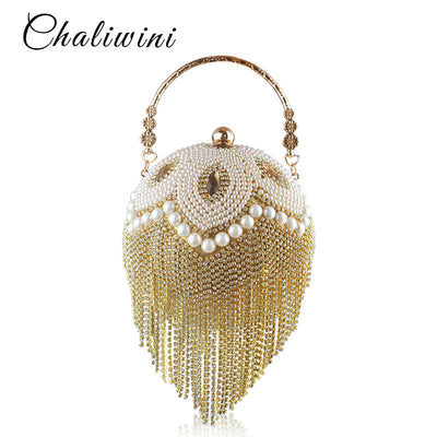 Tassel Fashion Women Pearl Beaded Crystal Party Evening Bag Bridal Wedding Round Ball Wrist Bag Round Clutch Purse Handbag